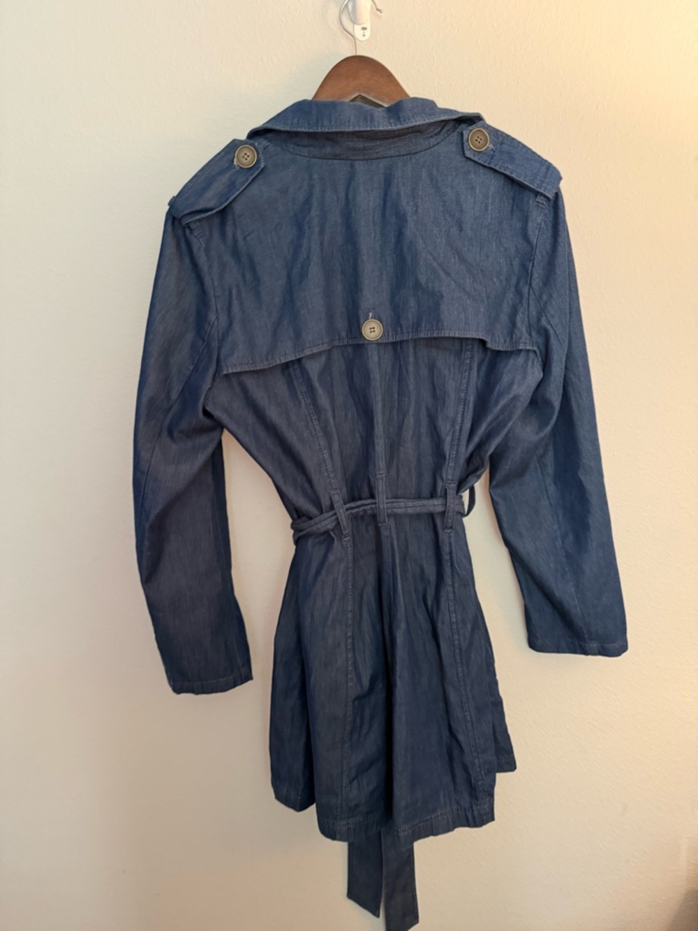 New York & Company Navy Blue (Denim) Double-Breasted Trench with Waist Tie - Picture 4 of 5